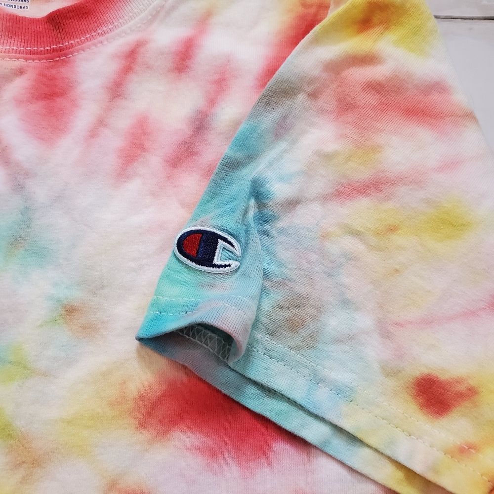 Champion custom cropped tie dye tee swirl yellow blue red green size small - Picture 3 of 4